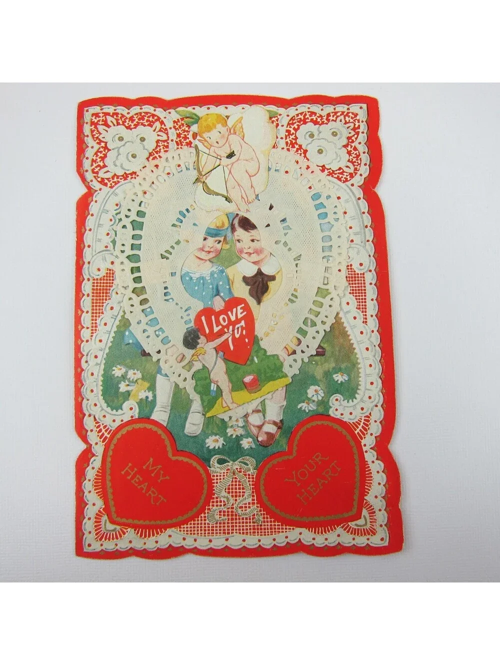 Antique Valentine Blonde Girl Blue Dress Boy Swing Cupid Daisy Flowers UNSIGNED